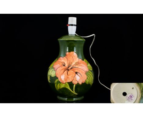 Moorcroft Impressive and Large Globular Shaped Tube lined Lamp Base ' Coral Hibiscus ' on Emerald Green Ground, Label to Base