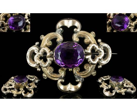 Mid Victorian Period - Large and Impressive 9ct Gold Brooch - Set with a Superb Faceted Amethyst to Centre of Brooch, Not Mar