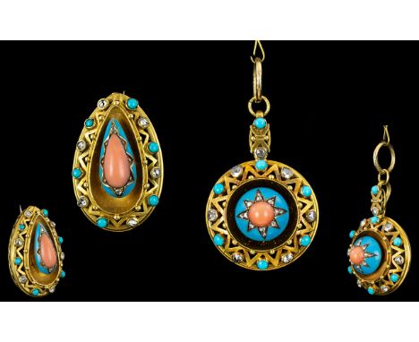 Victorian Early to Mid Period Superb Quality 18ct Gold Circular Pendant Drop, Set with Turquoise / Coral and Diamonds. Marked