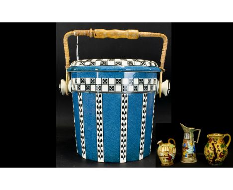 Royal Doulton 'Virginia' Pail Large ceramic pail with cane handle in blue, white and black pint. Marked to base, rd no. 65932
