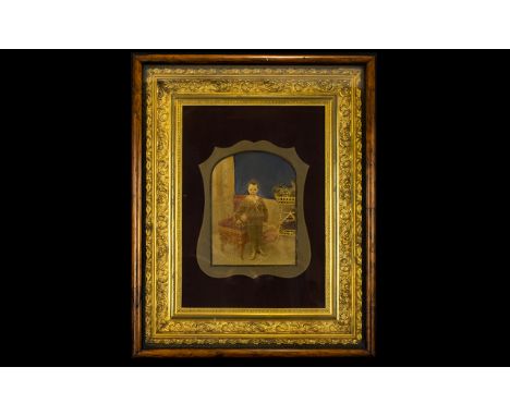 A Victorian Photographic Print In Ornate Box Frame Small hand tinted portrait of young male in staning pose (possibly memento