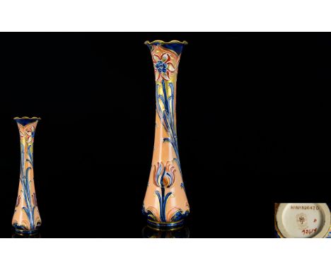 James Macintyre Slim line Tube lined Florian Alhambra Vase, Designed by William Moorcroft with Art Nouveau Poppies and Tulips