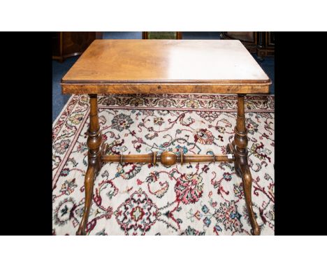 A Walnut Veneer Sofa Table. Late 19th/early 20th century, table of rectangular form with turned stretcher and scroll legs on 