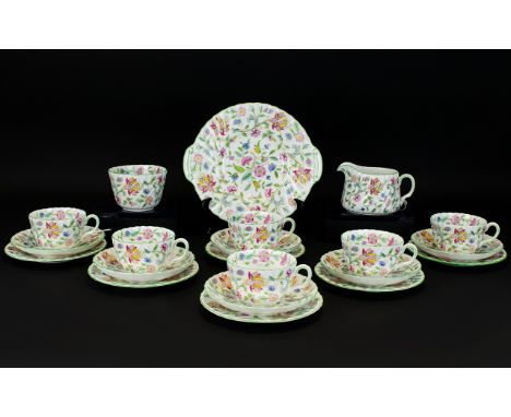Minton - China ( 21 ) Piece Tea Service ' Haddon Hall ' Pattern B1451. Comprises 6 Trios - 18 Pieces, 1 Milk Jug, 1 Sandwich 