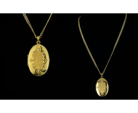 Contemporary Designed Oval Shaped 9ct Gold Hinged Locket, with Engraved Decoration to Centre Front Panel, Attached to a 9ct G