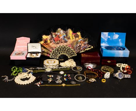 A Varied Collection Of Costume Jewellery Accessories And Watches To include various faux pearl necklaces, boxed Rotary watch 