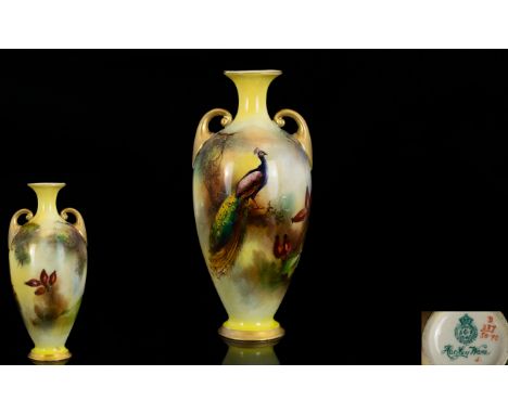 Royal Worcester Hadley Ware - Hand Painted Small Two Handle Urn Shaped Vase ' Peacock / Pheasant ' In a Woodland Setting, Gol