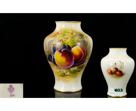 Royal Worcester Hand Painted Small Vase ' Peaches and Grapes ' Stillife. Signed Ricketts. Date 1918. Height 4 Inches - 10 cm.