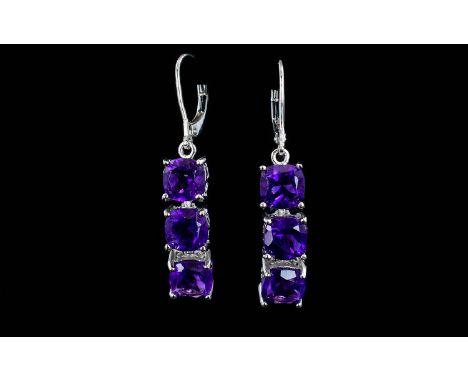 Amethyst Triple Drop Earrings, three cushion cut deep purple amethysts, individually articulated, suspended from rhodium verm