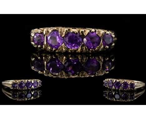 Ladies 9ct Gold Attractive 5 Stone Amethyst Dress Ring. The Five Amethysts of a Deep Purple. Fully hallmarked. Ring Size P - 