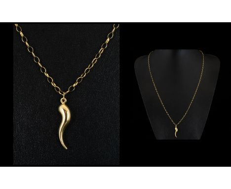 A Modern - Contemporary 9ct Gold Horn of Plenty - Pendant Drop Attached to a Long 9ct Gold Belcher Chain. Both Fully Hallmark