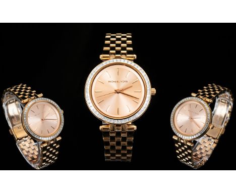Michael Kors MK 3366 Ladies Mini Darci Watch with Rose Gold Tone, Stainless Steel Case and Bracelet, The Round Bezel Set with