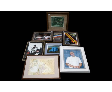 A Collection of Framed Prints and Pictures To Include Lancashire Map, Three Advertising Prints, Portrait by Brian Davies Date