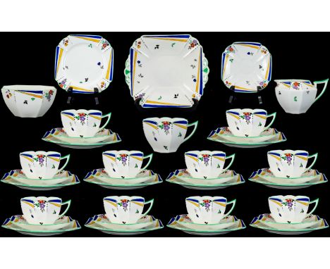 Shelley - Art Deco Period Superb Quality Hand Painted Enamel ( 36 ) Piece Fine Bone China Tea Services. ' Flashes and Flowers