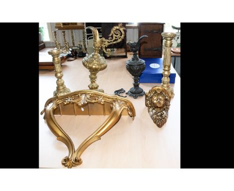 A Collection of Reproduction Decorative Items.  6 items in total, to include; Rococo style gilt resin wall shelf, a pair of g