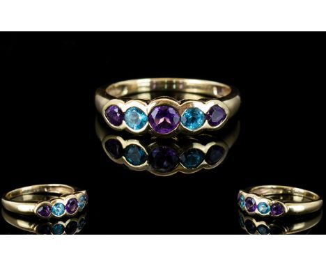 18ct Gold - Nice Quality and Attractive 5 Stone Pave Set Amethyst and Tourmaline Dress Ring. Not Marked but tests Gold. Ring 