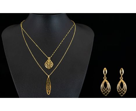 Ladies - Modern 9ct Gold Celtic Style Designed Pendant Drops Attached to 9ct Gold Chains ( 2 ) Two In Total, with Matching Pa
