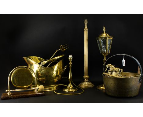 Large collection of Brass Items. A varied collection to include decorative gong etched with a gallion, large planished coal s