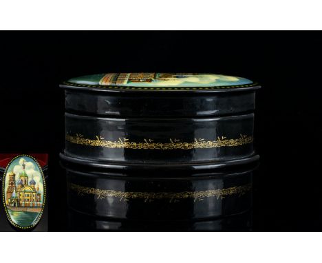 Fine Quality Oval Russian Lacquer Table Box.  Hand Painted With Infinite Detail Portraying Ornate Architecture of Famous ''Ch