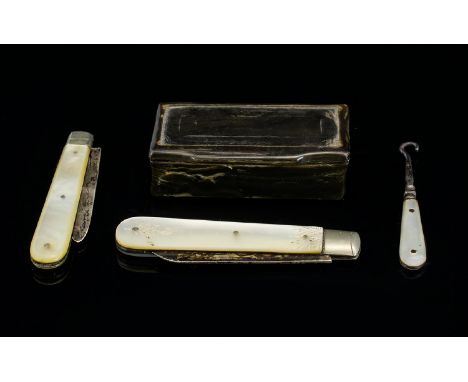 19thC Horn Snuff Box Together With Two Mother Of Pearl Silver Bladed Fruit Knives And A Mother Of Pearl Button Hook. 