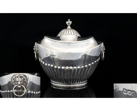 Victorian Period Superb Quality and Wonderful Shaped Twin Lion Mask Handle - Silver Tea Caddy, with Fluted Columns to Lower B
