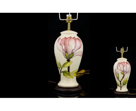 Moorcroft - Tube lined Large Lamp Base ' Pink Magnolia ' Design. c.1975. Designer Walter Moorcroft. 1st Quality and Wonderful