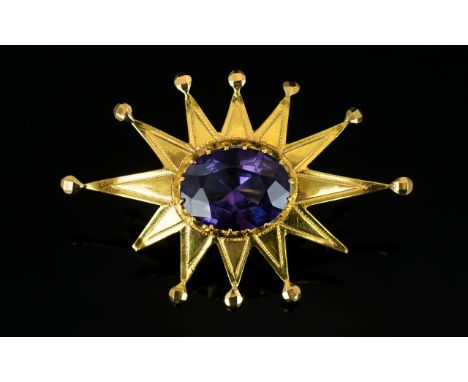 18ct Gold - Contemporary Starburst Design Single Stone Brooch, Set with a Large Faceted Amethyst of Good Colour with Wonderfu