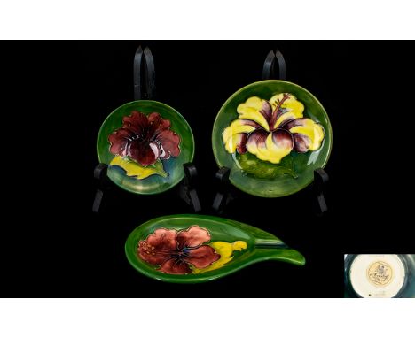 Moorcroft Collection of Tube lined Pin Dishes In Various Shapes and Sizes ( 3 ) Three In Total. Hibiscus Pattern on Emerald G