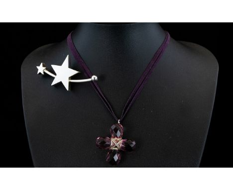 Designer Faceted Amethyst & Silver Cross with matching suede chain with silver clasp, together with a Silver Brooch marked 92