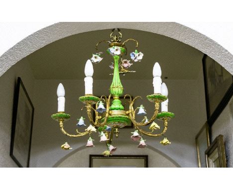 Continental Vintage Five Arm Brass And Ceramic Floral Chandelier A large chandelier with original central brass acanthus leaf