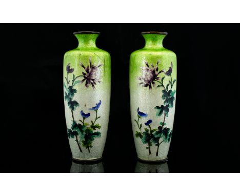 A Pair of Late 19th Century Cloissone Vases Of slim ovoid form, the whole of spring green and ivory ombre enamel ground with 