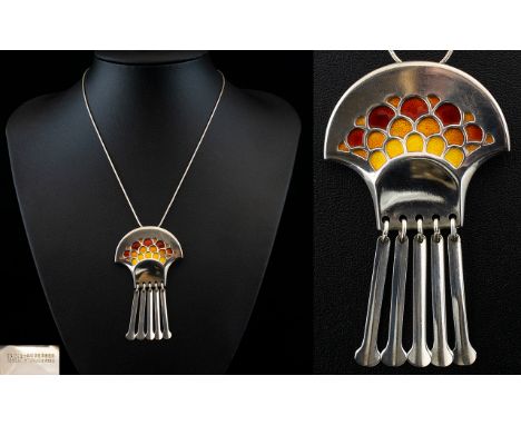 David Anderson Norway Rare and Vintage Sterling Silver Dual Purpose Pendant / Brooch Set with Red, Yellow and Orange Enamel w