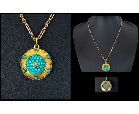 Victorian Period - Nice Quality 9ct Gold Circular Pendant Set with Turquoises and a Small Diamond to Centre, The Whole Being 