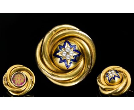 Victorian Period - Nice Quality Yellow Metal Mourning Brooch. c.1860's. The Central Set with Blue Enamel and Seed Pearls In a