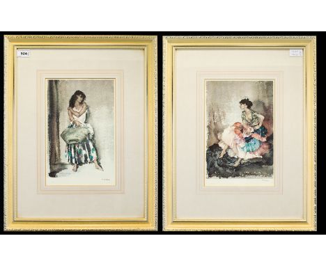 William Russell Flint 1880 - 1969 - A Pair of Unsigned Ltd Edition Colour Lithograph / Prints. Titles ' Cecilla Iberian Floun