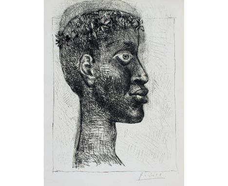 Pablo Picasso. Nègre, nègre, nègre ... Portrait d`Aimé Césaire. Kaltnadelradierung. 1949. 39,5 : 28,5 cm. Signiert. Auf Velin