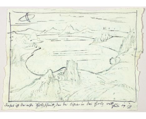 Julius Bissier. Berglandschaft mit See. Holzschnitt, mit Bleistift überarbeitet. 1918. 14,5 : 20,5 cm (16,5 : 22,0 cm). Bezei