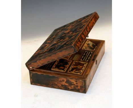 19th Century tortoiseshell veneered trinket box having boxwood and ebonised banding, the hinged cover opening to reveal a par