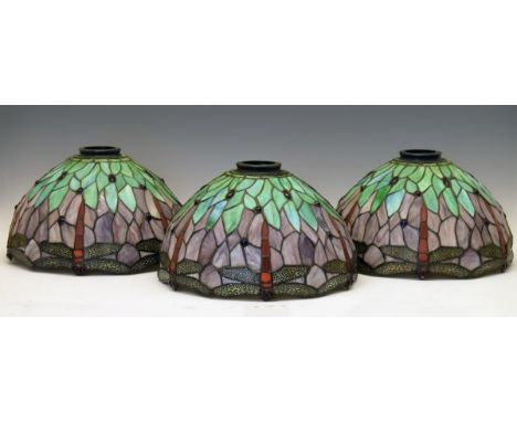 Three Tiffany style leaded ceiling light domes decorated with dragonfly   Condition: 