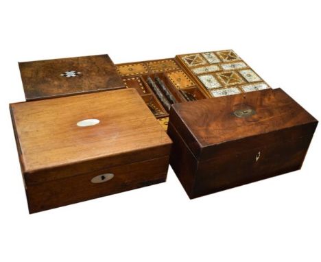 19th Century mahogany tea caddy, writing box, figured walnut work box and two Indian trinket trays with inlaid decoration   C