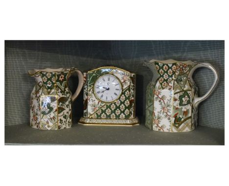 Masons Applique pattern cased mantel clock together with two similar octagonal jugs   Condition: 