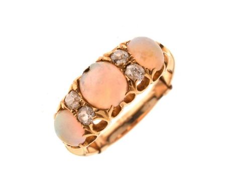 Late Victorian 18ct gold, opal and diamond ring set three oval opal cabochons and four diamond brilliants, size M½, 4.9g appr
