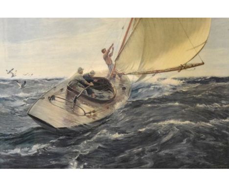 After Charles Napier Hemy - Coloured print - Life, being a stormy seascape with yacht, 54cm x 81cm, framed and glazed   Condi