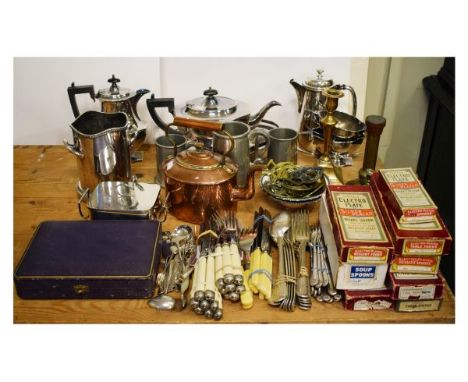 Silver plated four piece tea service, other silver plated wares, copper kettle, plated cutlery etc   Condition: 