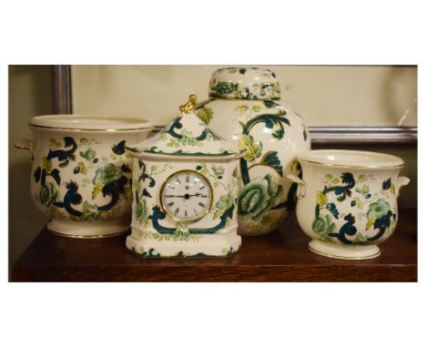 Modern Masons ovoid jar and cover decorated with the Chartreuse pattern, together with a similarly decorated mantel clock and