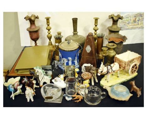 Various ceramics, glassware and metalware including; Jasperware biscuit barrel, candlesticks, metronome etc   Condition: 