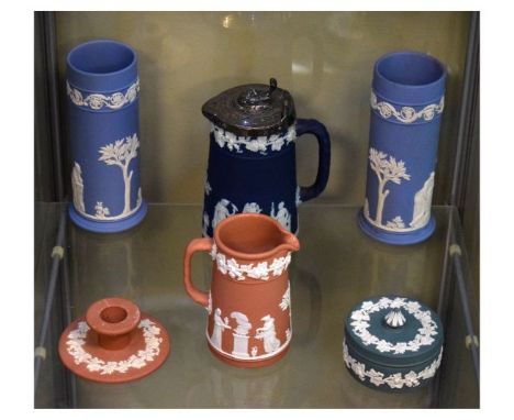 Pair of Wedgwood pale blue jasper spill vases with decoration depicting The Muses, together with a Wedgwood white on terracot