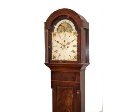 19th Century mahogany longcase clock, the hood with arched shaped cornice, glazed door within a Bristol type wavy frame and f