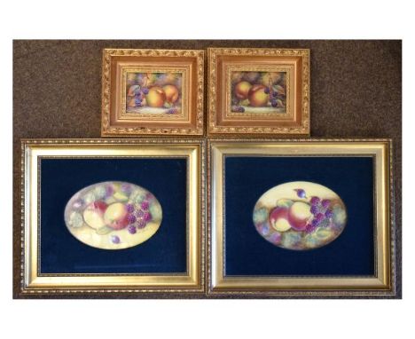 Pair of oval ceramic plaques, each painted with fruit and signed J.Butterfield, 11cm x 16.5cm, together with two smaller rect