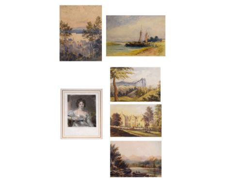 L.B. Whitehead - Watercolour - Ben Venue, 37cm x 27cm, another watercolour - figures on a path beside an estuary, three 19th 